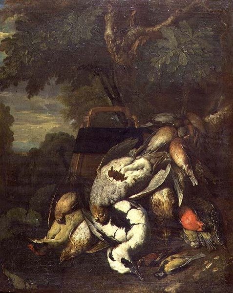 Tote Moorhühner, Specht, Ente und andere tote Vögel in einer bewaldeten Landschaft von Jan Fyt