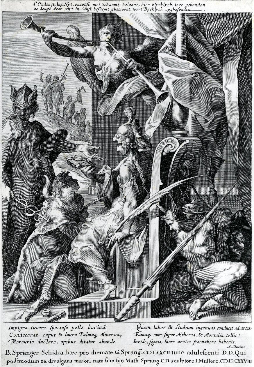 Merkur und Minerva bewaffnen einen Helden mit einer Stierhaut und einem Lorbeerkranz, 1604 von Jan Harmensz Muller