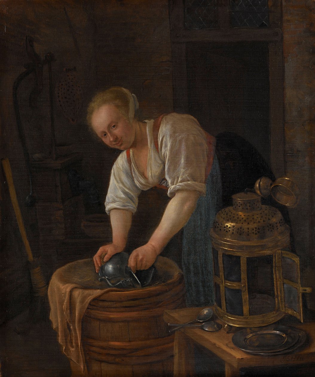 Frau beim Scheuern von Metallwaren von Jan Havicksz. Steen