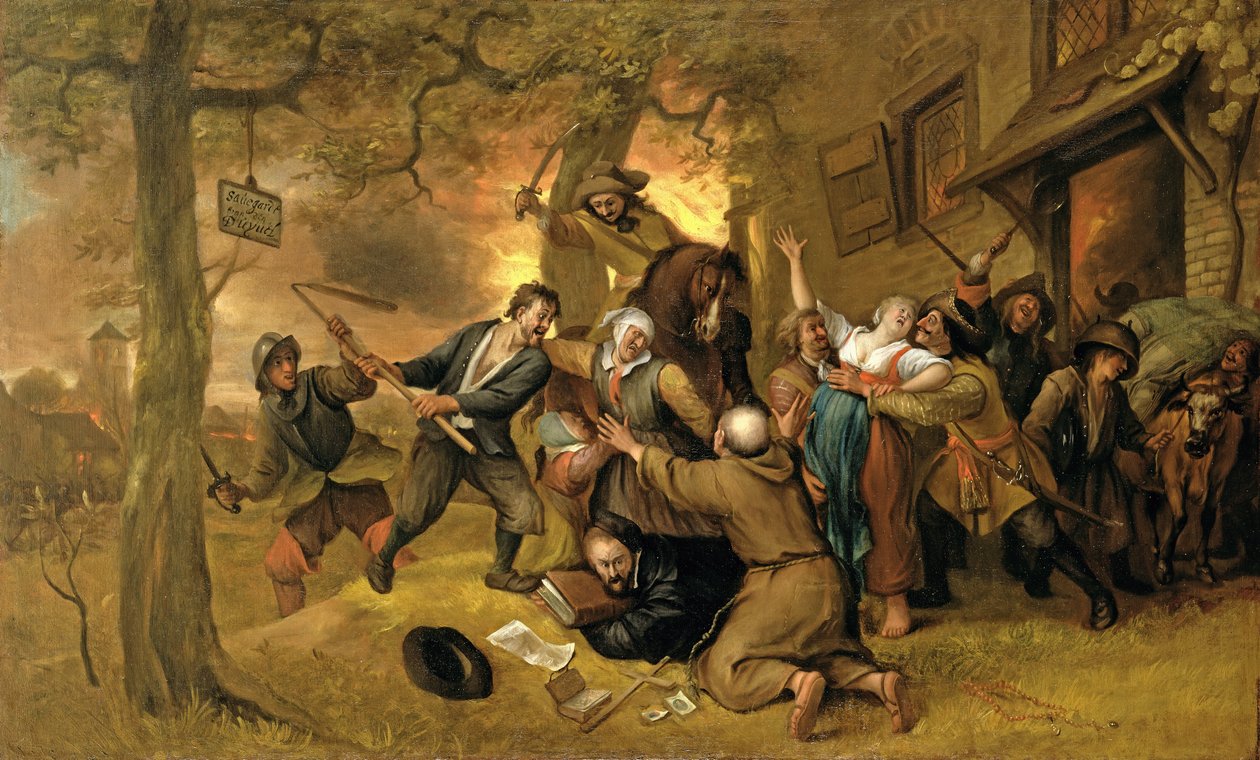 Bauern und Soldaten vor einer Taverne - Eine Allegorie auf die Vergewaltigung der Niederlande von Jan Havickszoon Steen