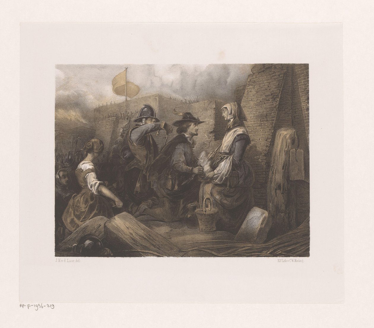 Frau und Soldaten an einem Stadttor, möglicherweise Kenau Simonsdochter von Jan Hendrik van de Laar