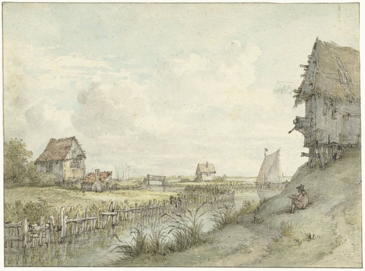 Flusslandschaft mit zeichnendem Künstler zwischen Hütten von Jan Hulswit