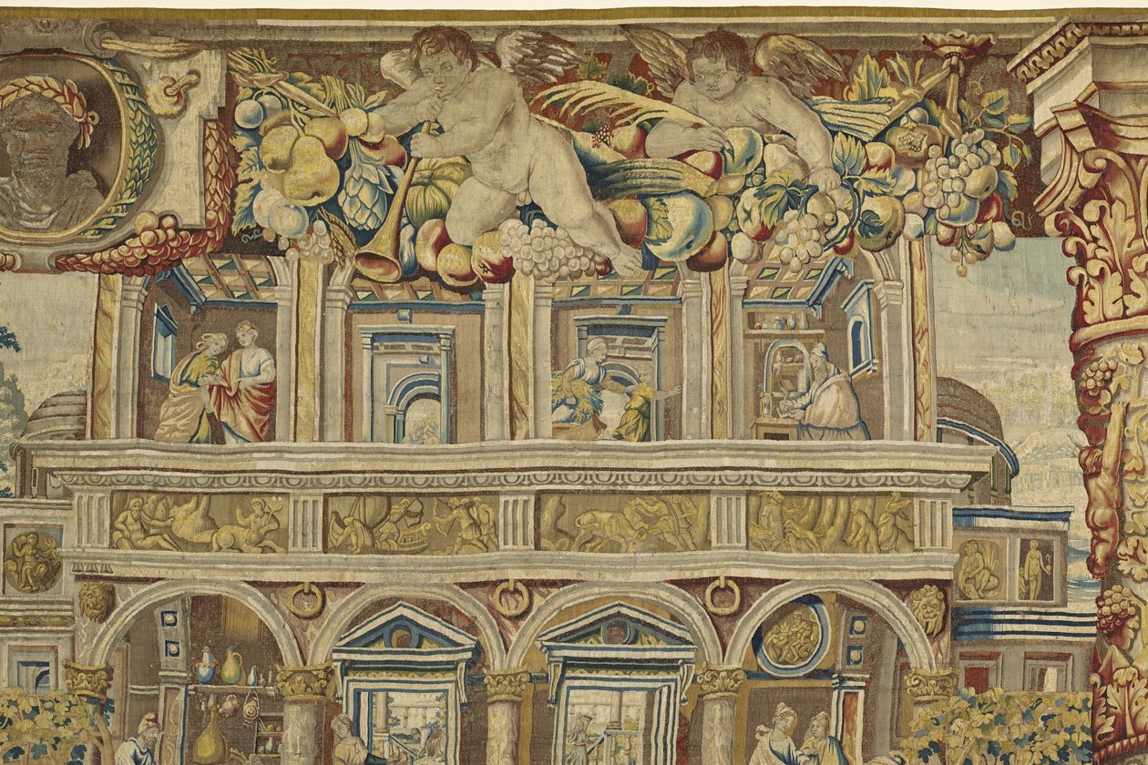 Detail des Palastes und Musikerengel aus Vertumnus und Pomona, ca. 1630 von Jan II Raes