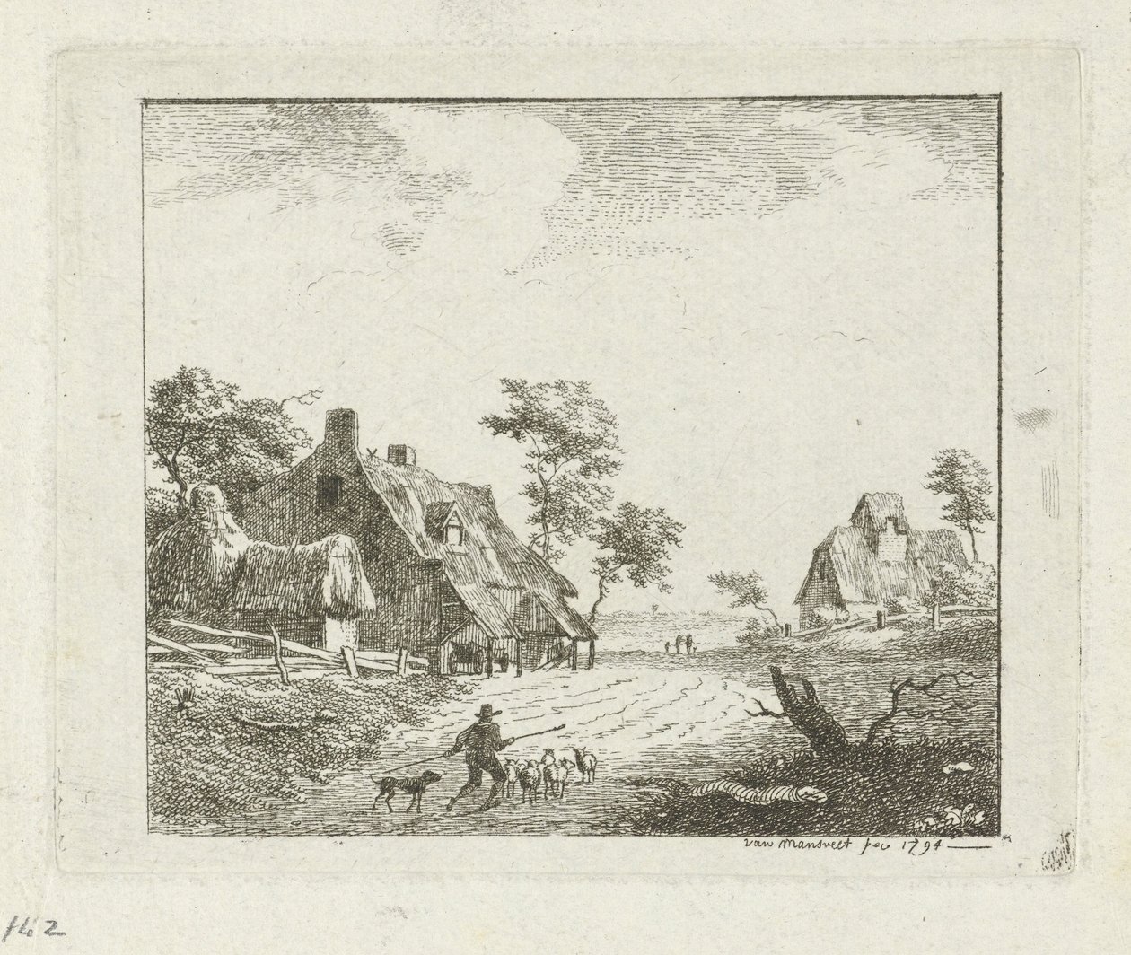 Landschaft mit Hirte und Schafen bei zwei Bauernhöfen von Jan Izaak van Mansvelt