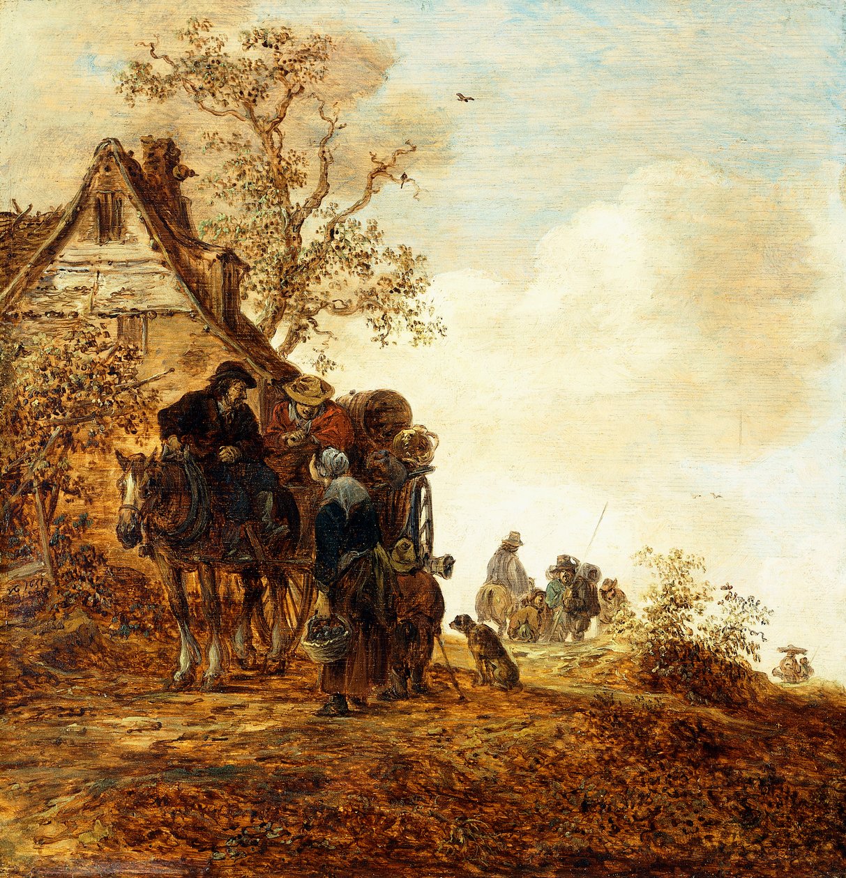 Bauern in einem Wagen bei einem Cottage, Jan Josephsz, 1651 von Jan Josephsz van Goyen