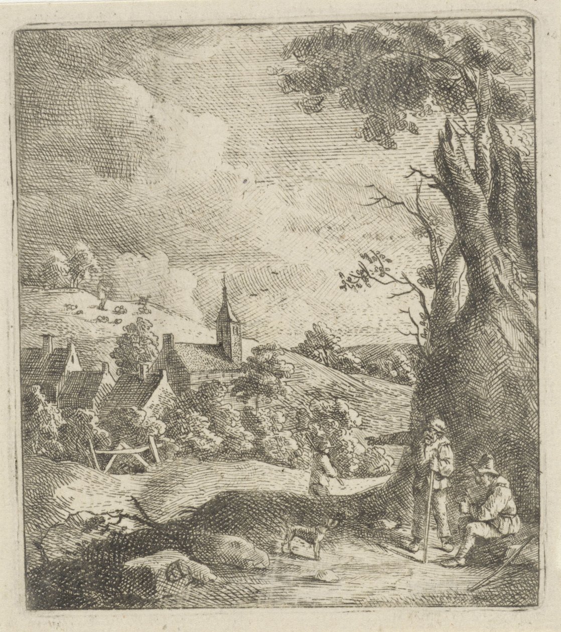 Landschaft mit einem Dorf und zwei Männern bei einem Baum von Jan Lauwryn Krafft (I) (attributed to)