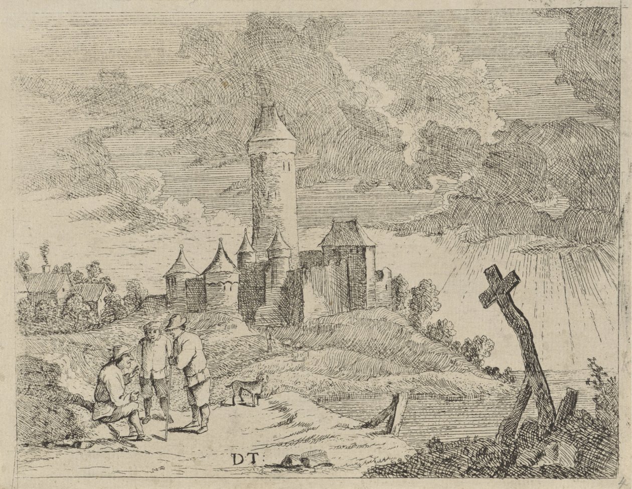 Landschaft mit Schloss und drei Männern von Jan Lauwryn Krafft (I) (possibly)