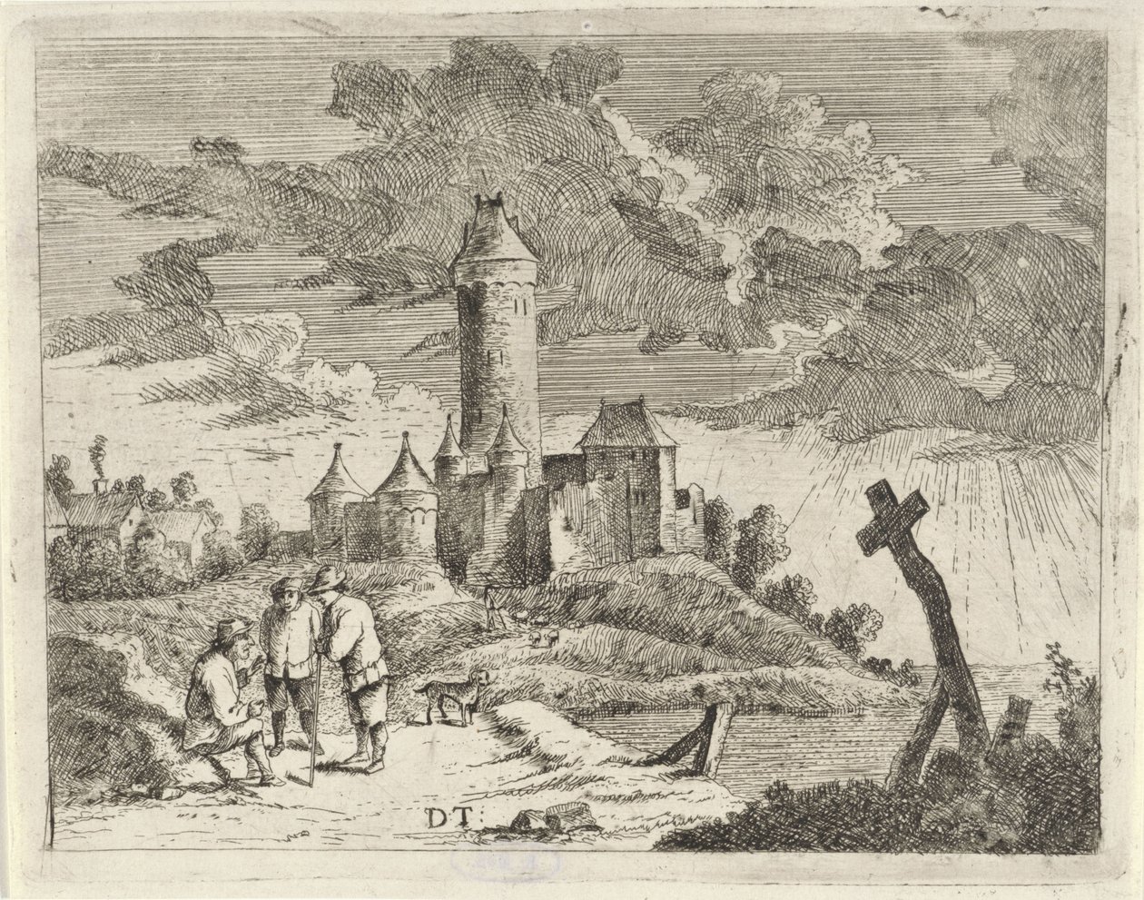 Landschaft mit Schloss und drei Männern von Jan Lauwryn Krafft (I) (possibly)