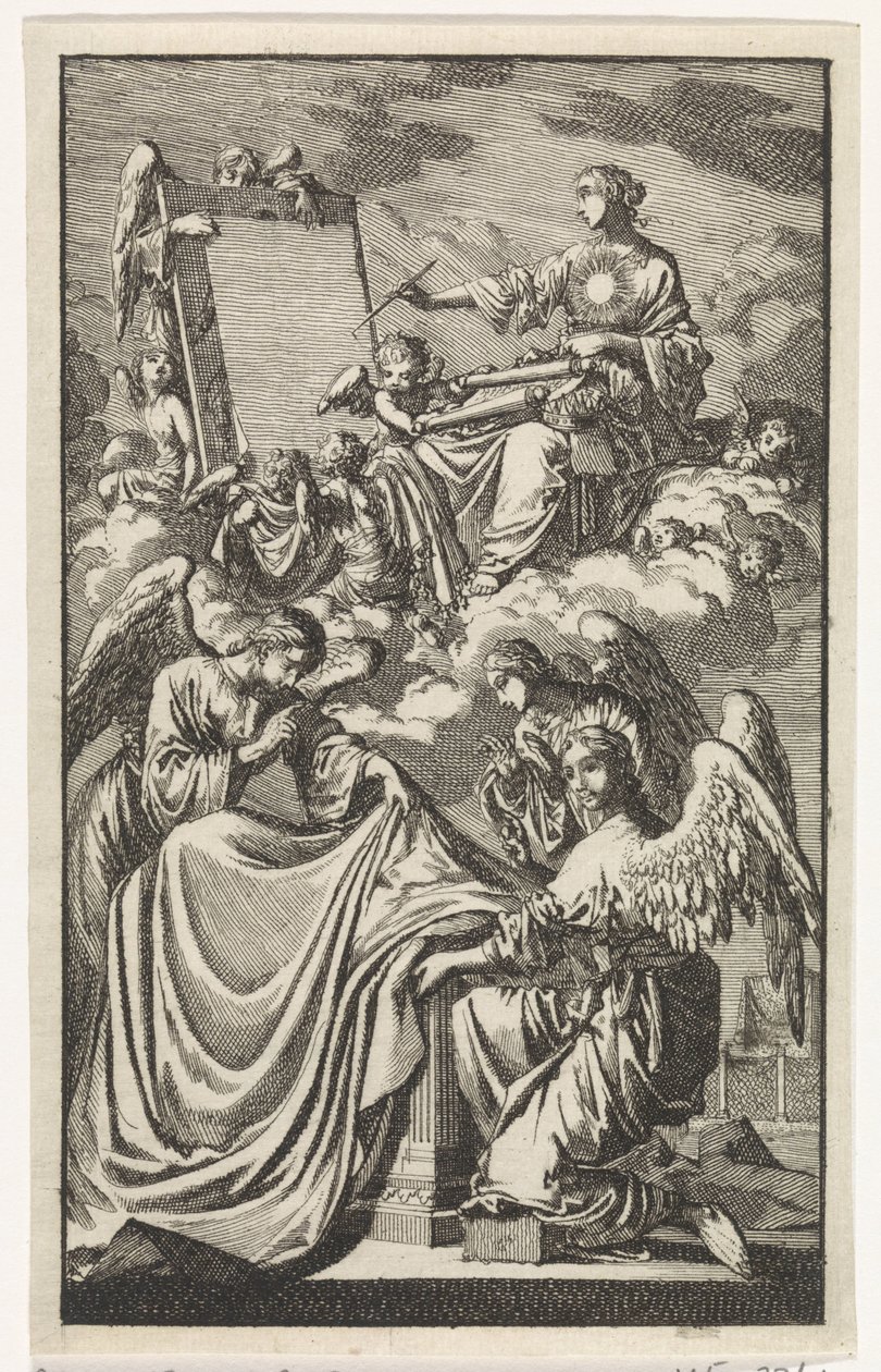 Allegorische Frauenfigur beschreibt in den Wolken ein Paneel von Jan Luyken