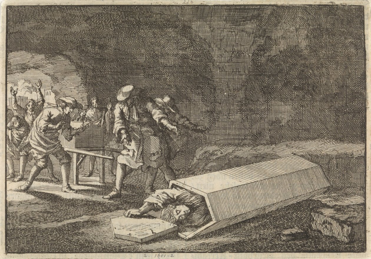 Bestattungsdiener in Rom sehen, dass Antonio Marlini, den sie einige Tage zuvor in einem Gewölbe beigesetzt hatten, nur scheintot gewesen sein muss, 1696 von Jan Luyken