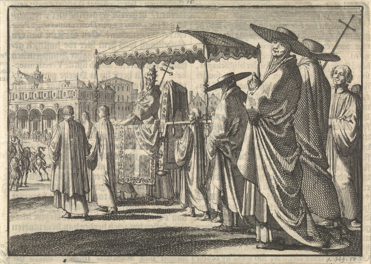 Christian IV., König von Dänemark, als Papst verkleidet, imitiert mit seinen Höflingen eine Prozession, 1596 von Jan Luyken