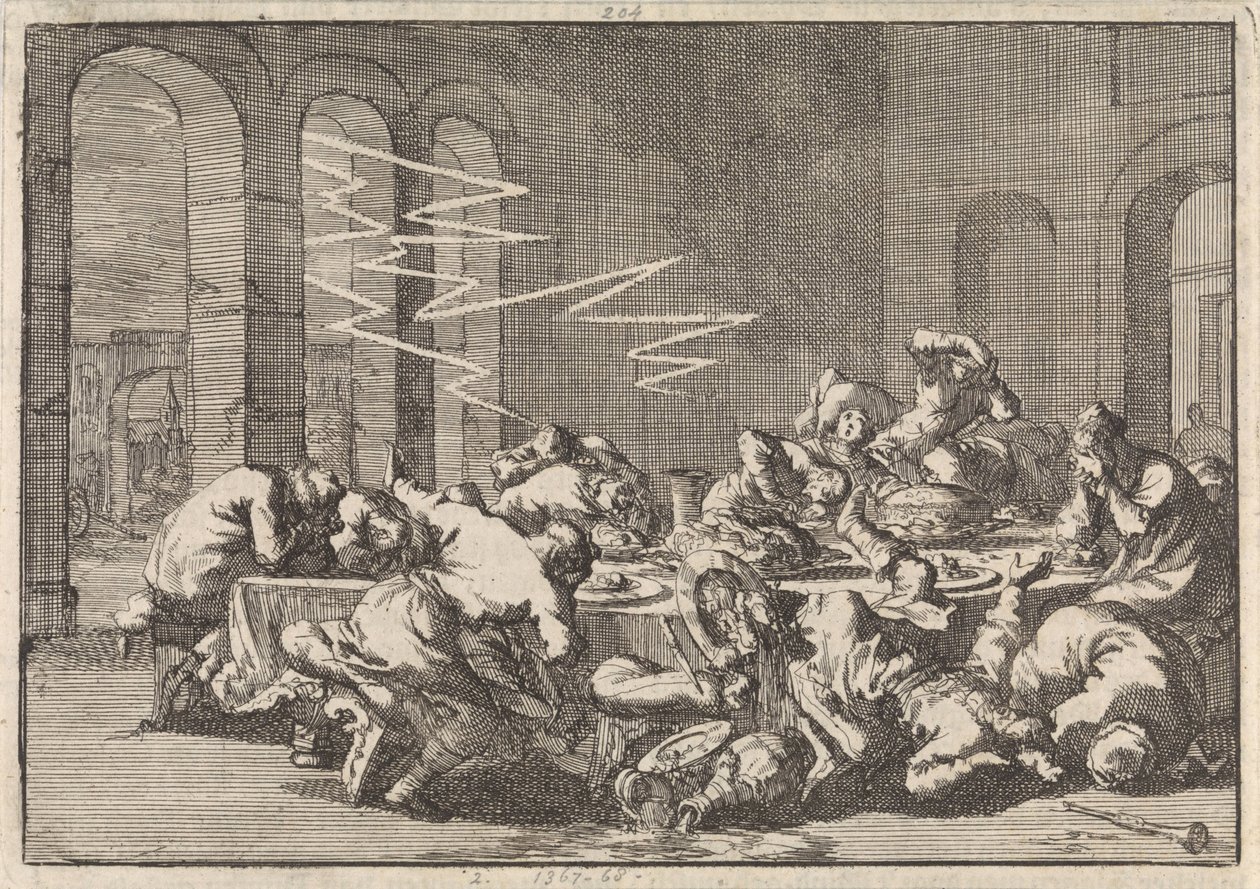 Im polnischen Dorf Perzyn sterben 23 Menschen durch einen Blitzschlag während eines Taufmahls, 1676 von Jan Luyken