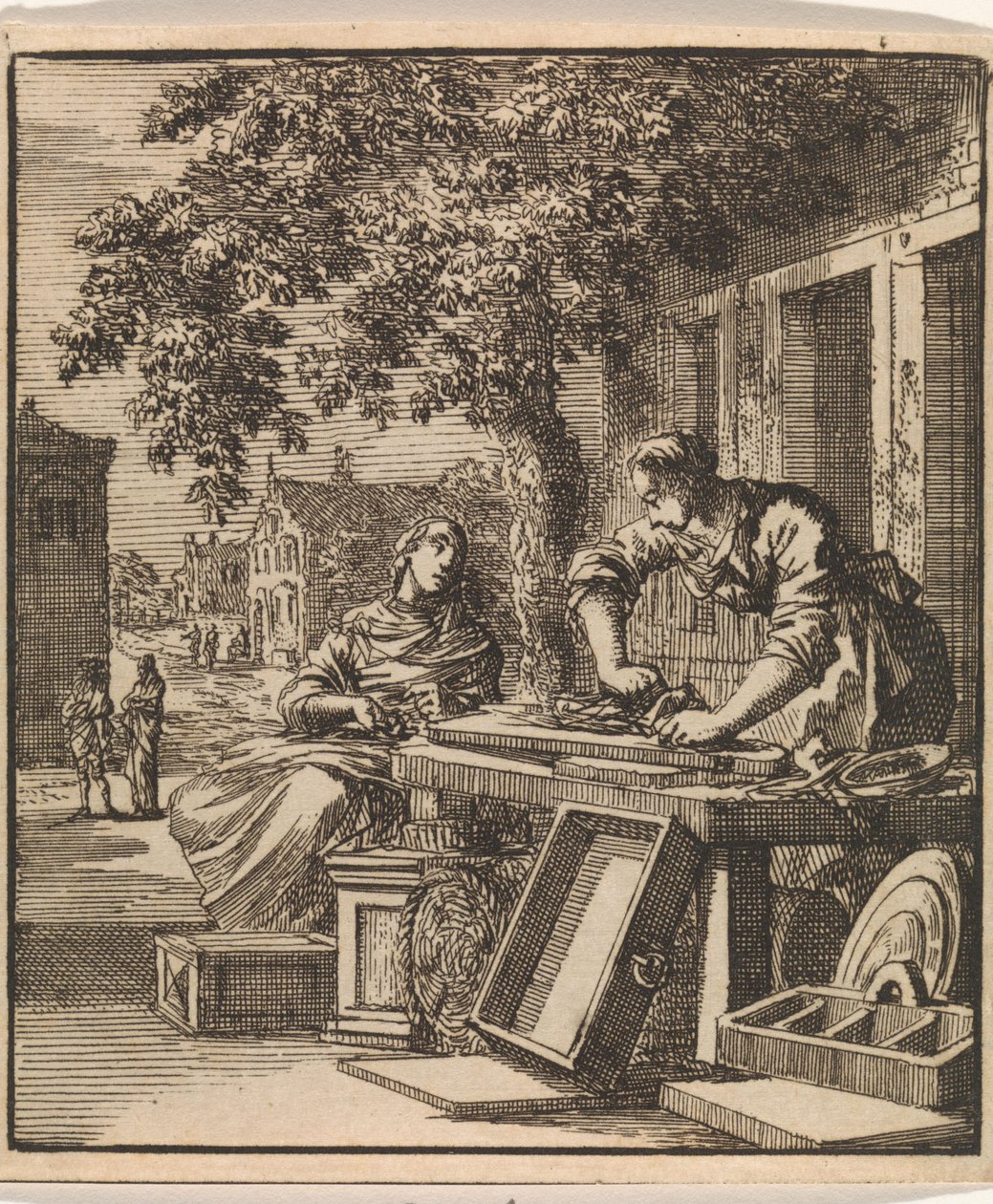 Vor der Fassade eines Hauses schleift ein Mann Holz von Jan Luyken