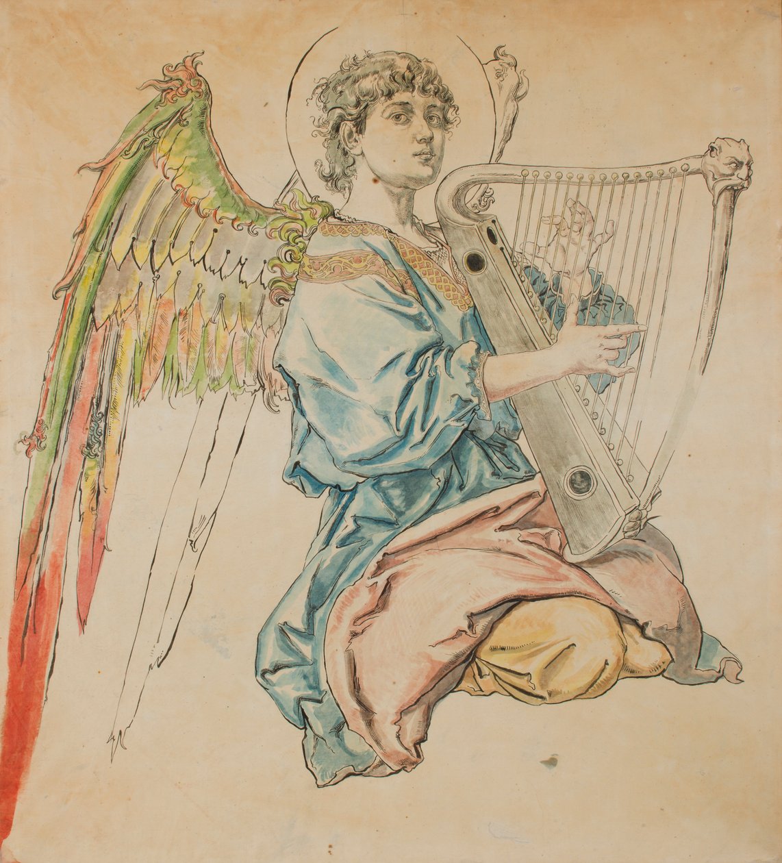 Kartons für die Polychromie der Marienkirche - Figur eines Engels, der auf einer Laute spielt von Jan Matejko