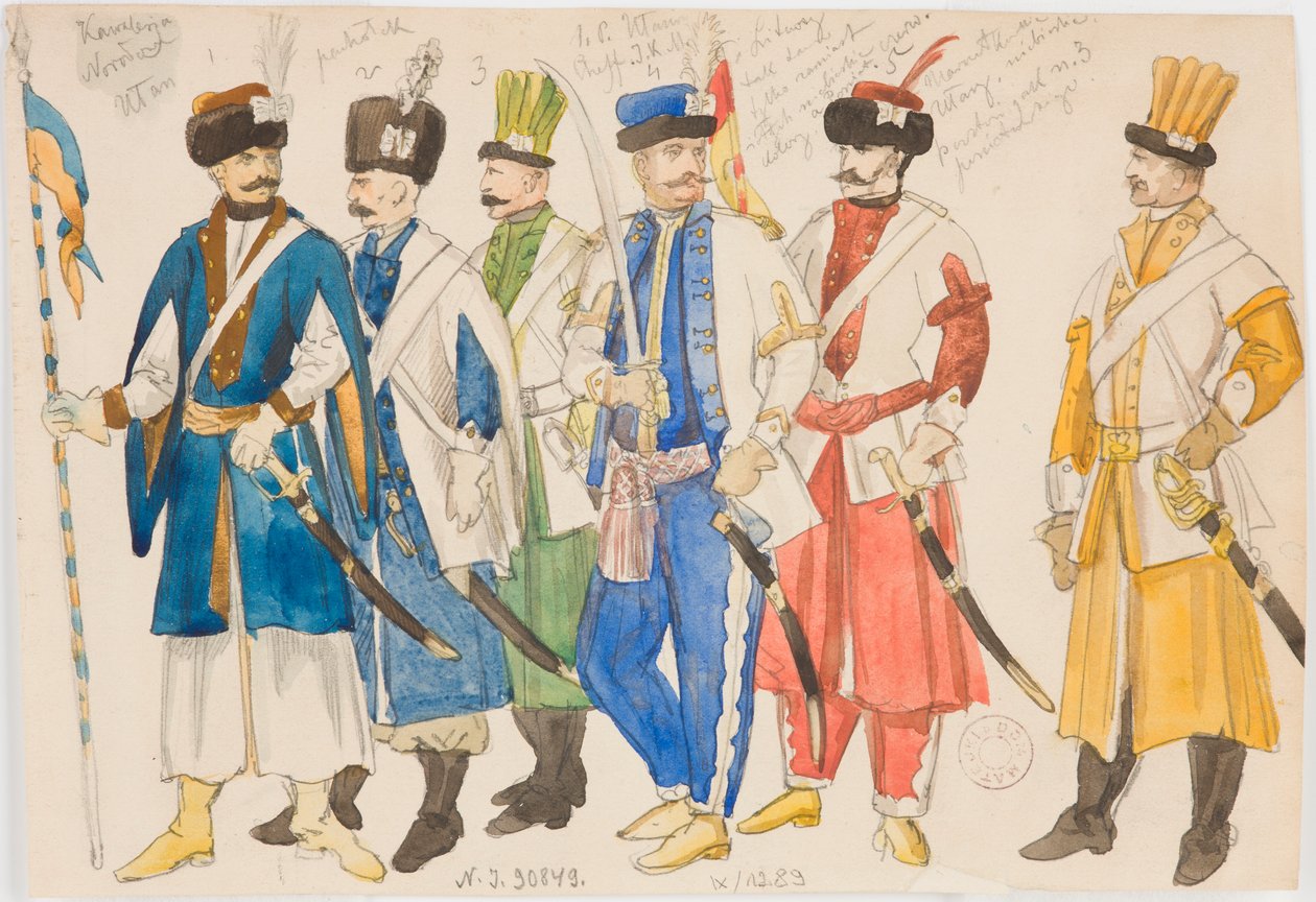 Kostümstudien - Reihe von männlichen Figuren in Militäruniformen von Jan Matejko