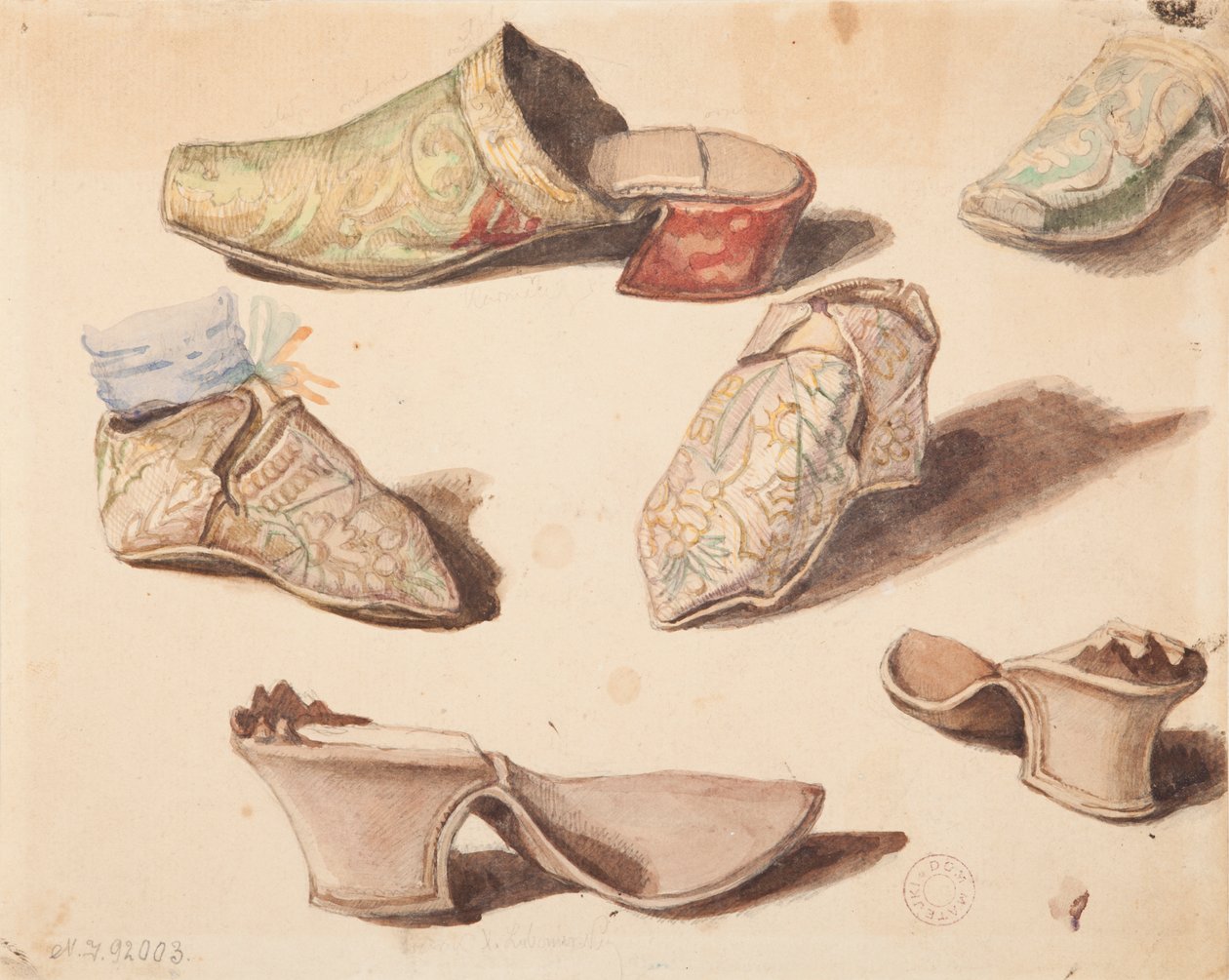 Kostümstudien - Sechs Stiefel gezeichnet während der Öffnung der Gräber in der Kirche der Karmeliten in Wiśnicz von Jan Matejko