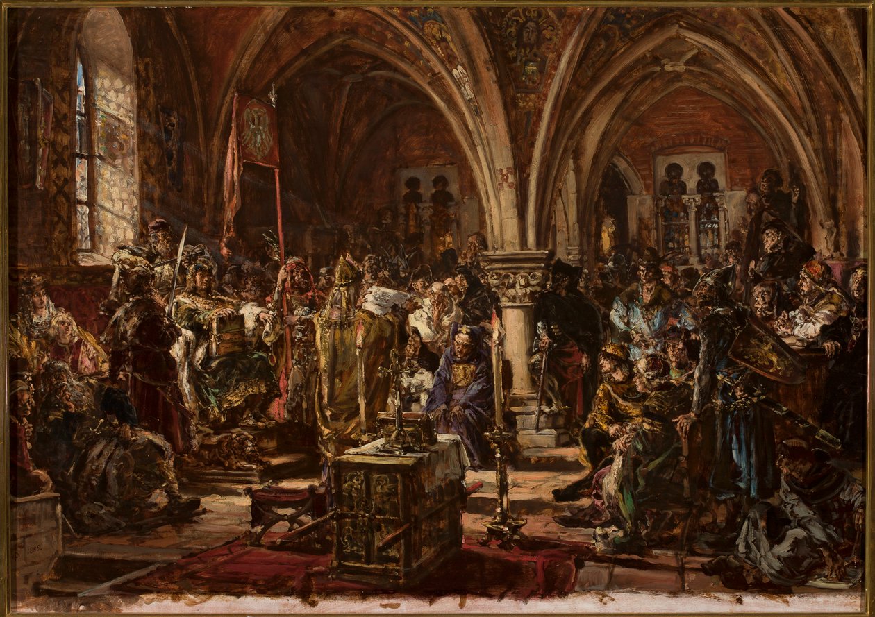 In Łęczyca erster Sejm. Niederschrift der Gesetze, Eindämmung der Raubzüge. R.P. 1182 von Jan Matejko