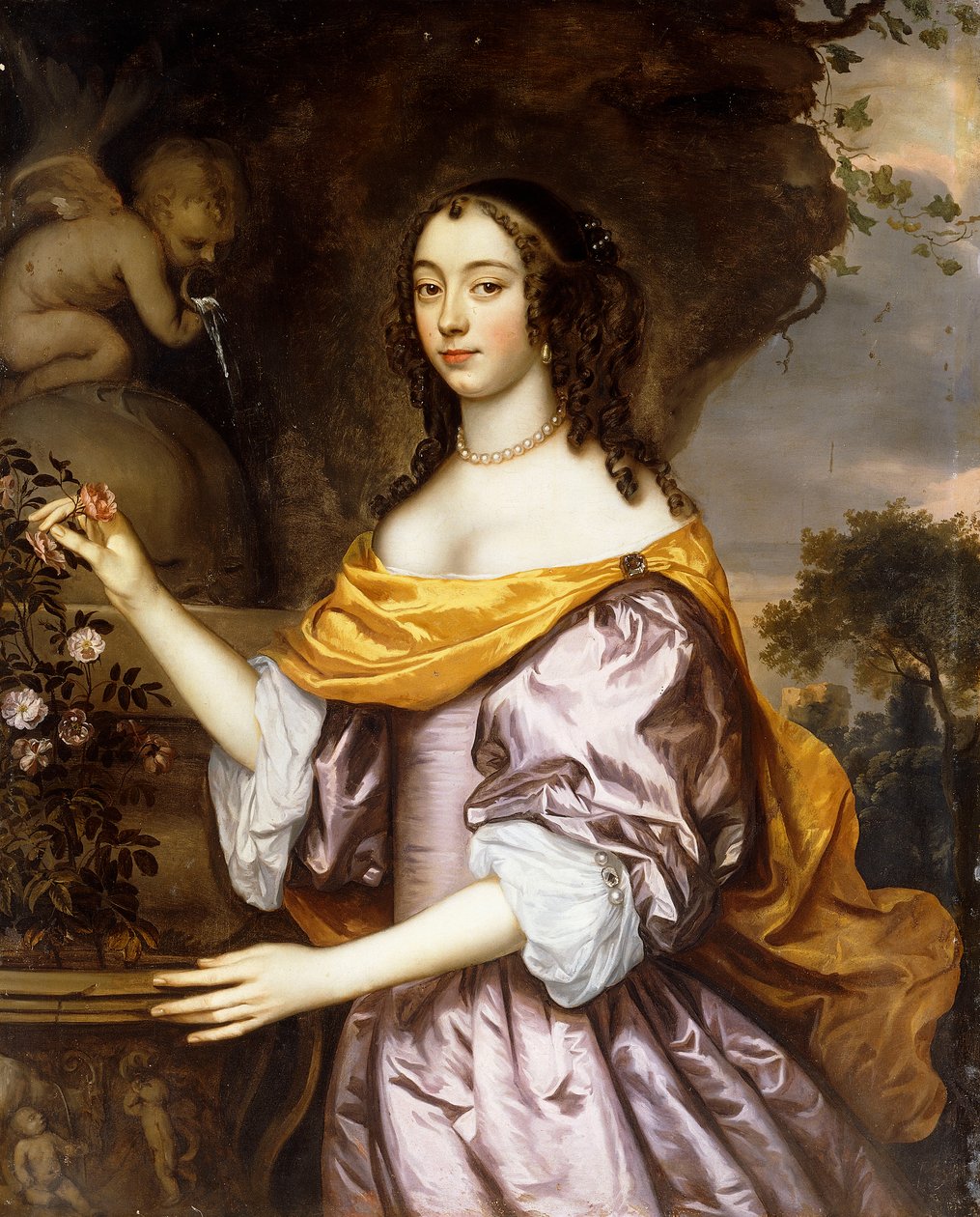 Porträt einer Dame, stehend, dreiviertellang, trägt ein lavendelfarbenes Seidenkleid und einen gelben Schal von Jan Mytens