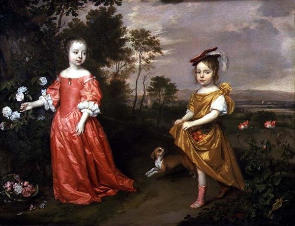 Zwei Kinder und ein Hund in einer Landschaft von Jan Mytens or Mijtens