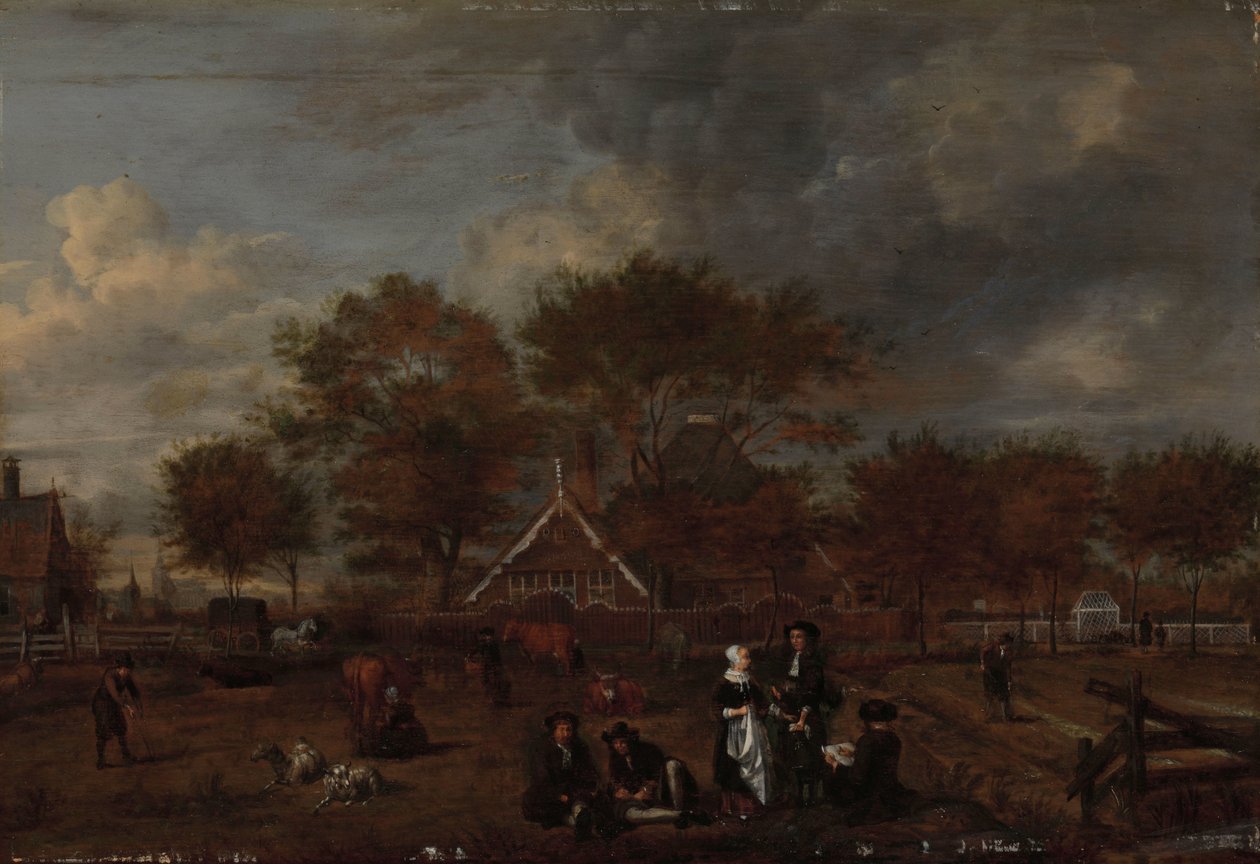 Bauernhof mit dem Gutsherrn und seiner Frau und dem Maler im Vordergrund von Jan Pietersz Opperdoes