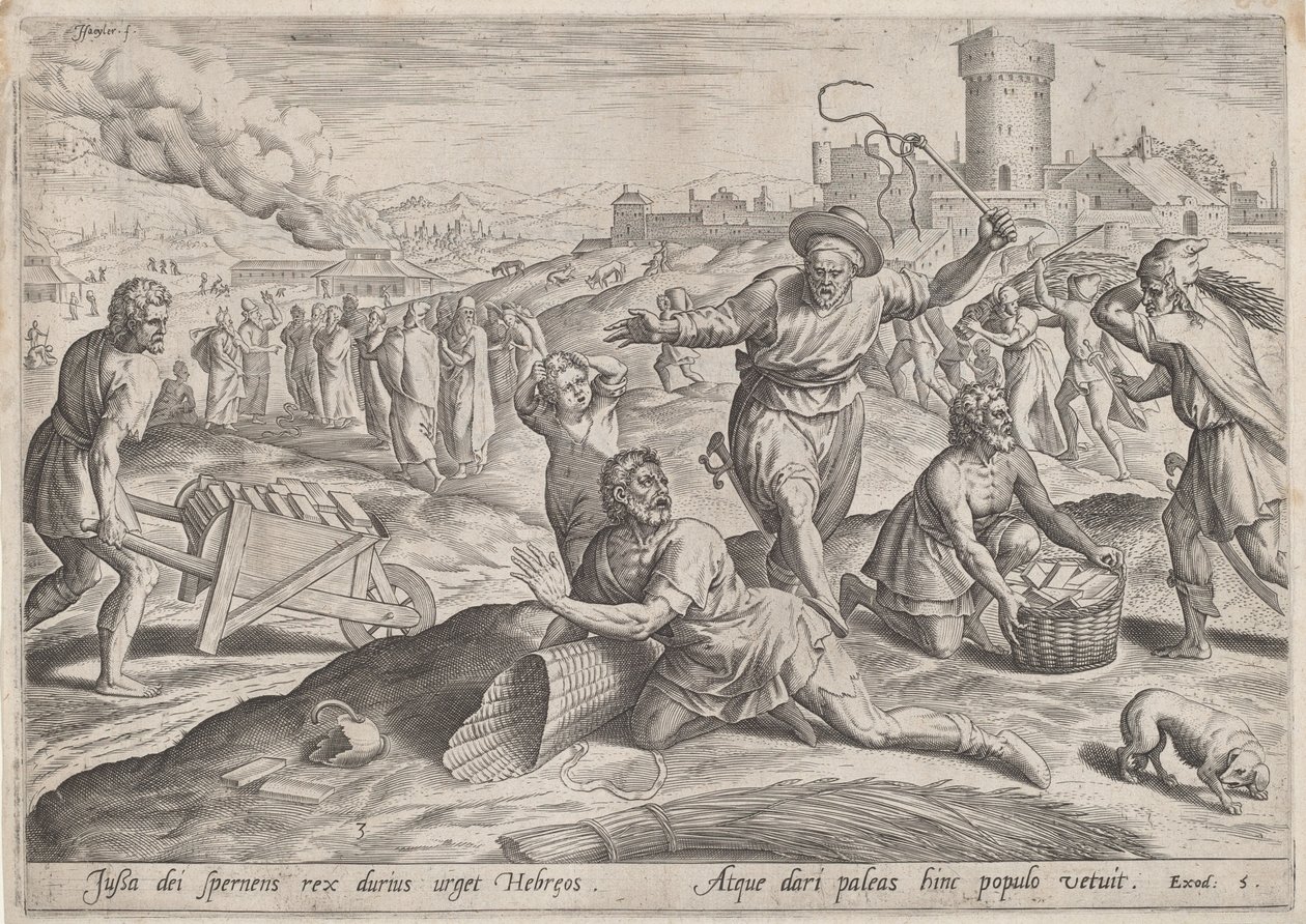 Der Aufseher des Pharaos schlägt die Israeliten von Jan Sadeler I, Maarten van Cleef