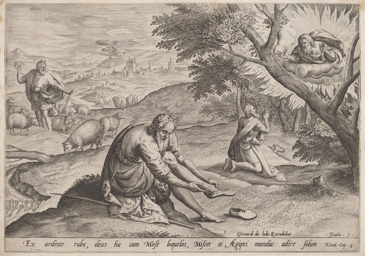 Gott erscheint Moses von Jan Sadeler I, after Maarten van Cleef