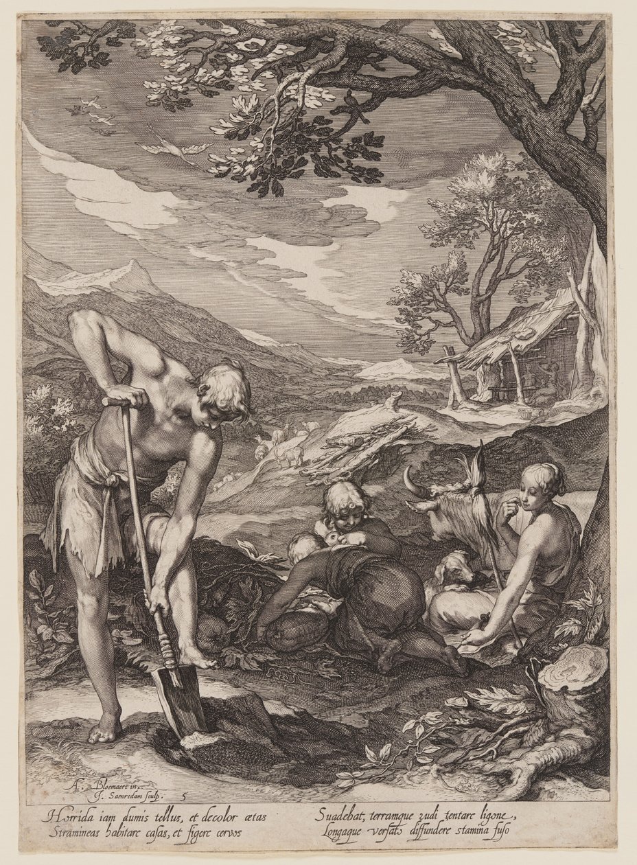 Adam und Eva bei der Arbeit, aus der Geschichte der ersten Eltern der Menschheit von Jan Saenredam