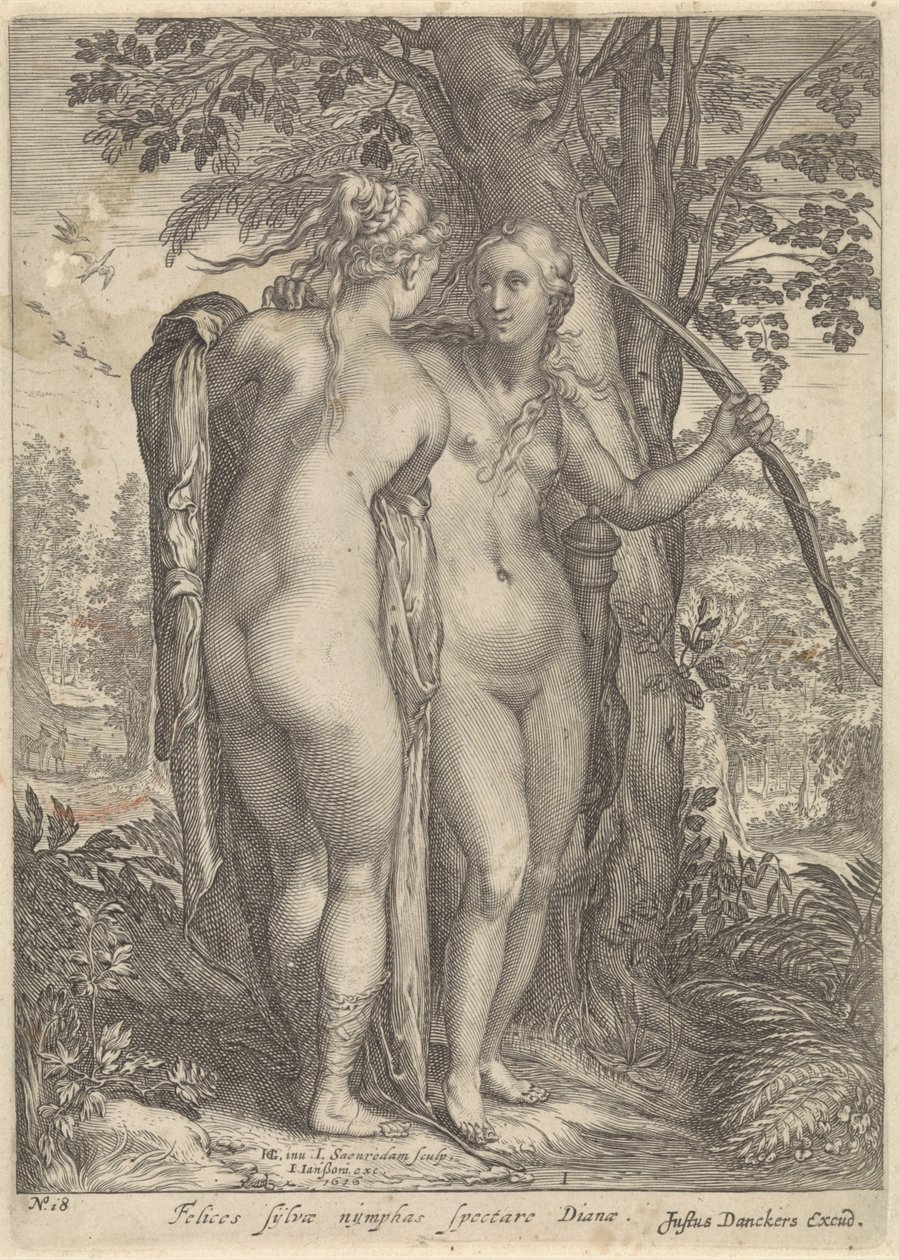 Diana und eine Nymphe vor einem Baum von Jan Saenredam