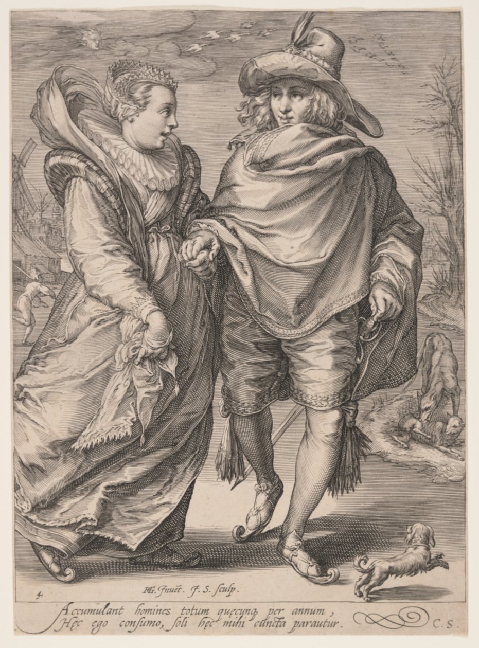 Winter (Junges Paar beim Schlittschuhlaufen), aus Die Vier Jahreszeiten von Jan Saenredam