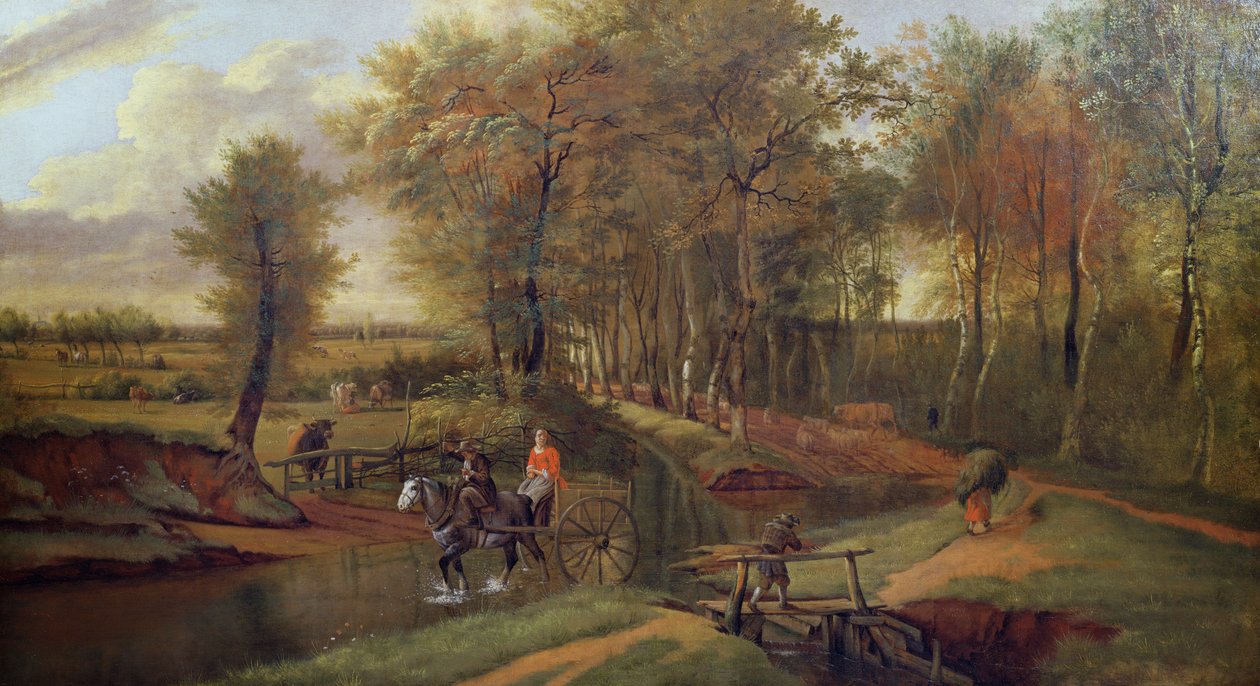 Eine bewaldete Flusslandschaft mit Figuren, Pferd und Wagen, 1692 von Jan Siberechts