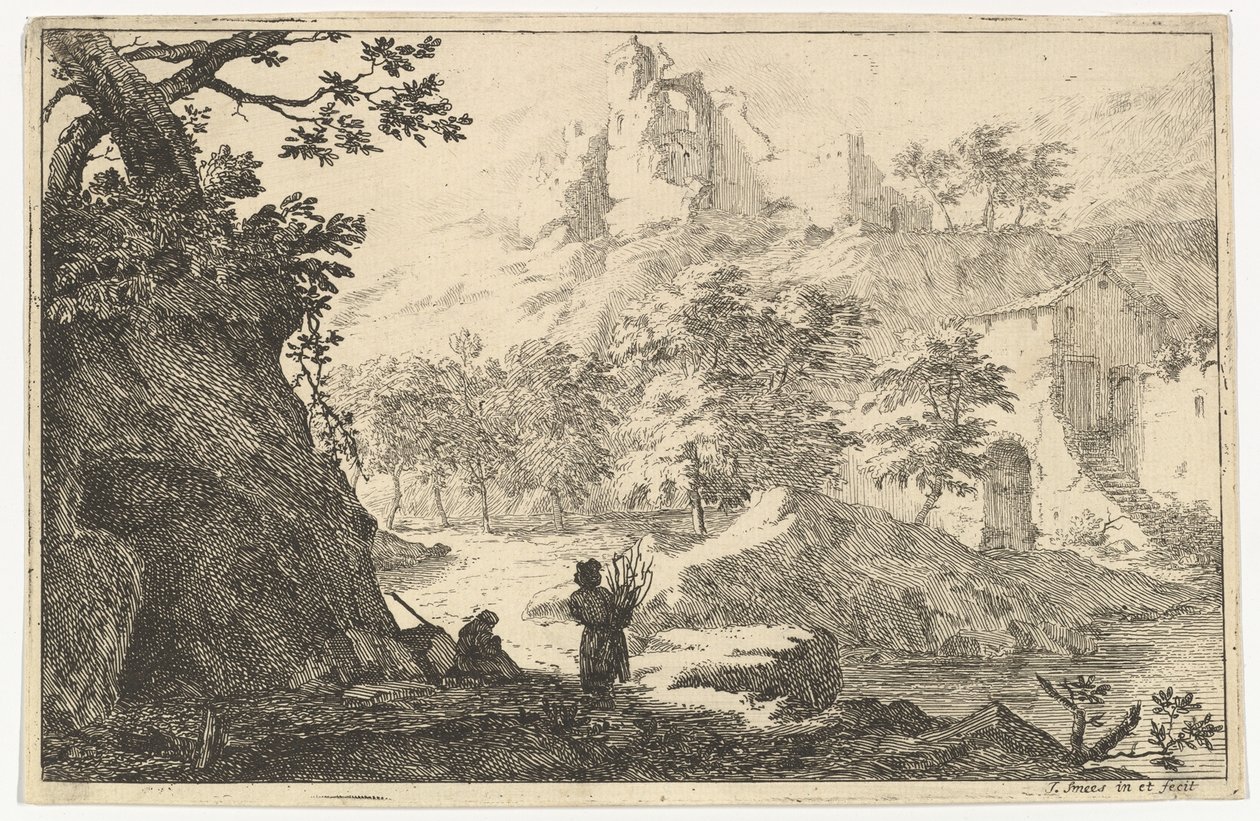 Landschaft mit Ruinen einer Burg auf einem Hügel, frühes 18. Jahrhundert von Jan Smees