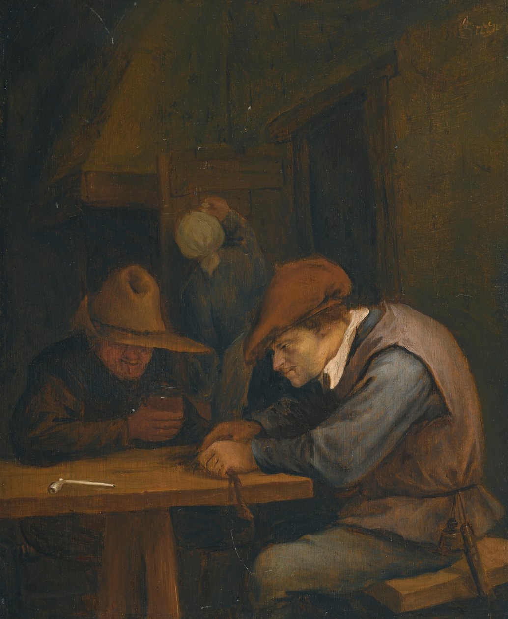 Bauern, die in einem Gasthaus trinken und Tabak schneiden von Jan Steen