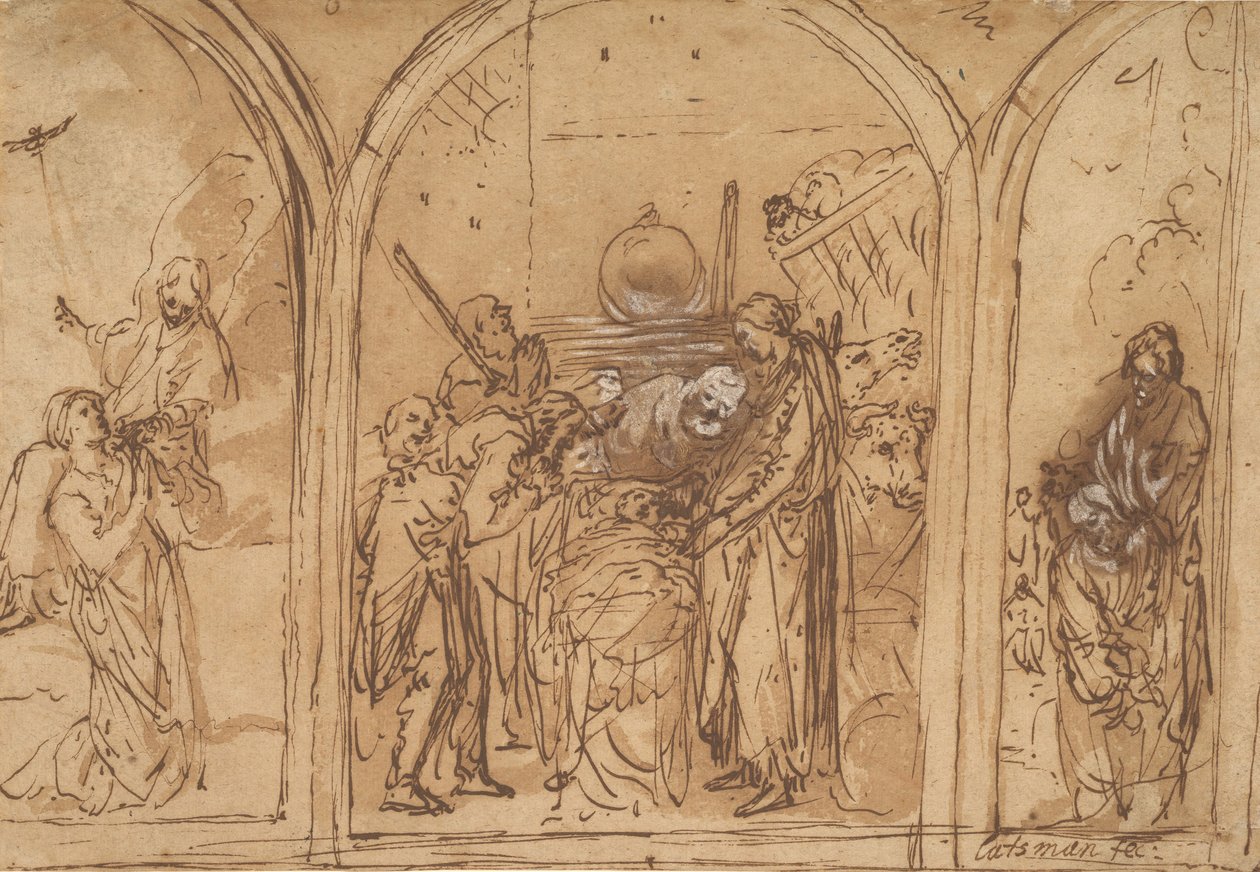 Entwurf für ein Triptychon mit der Anbetung der zwei Heiligen, frühes 17. Jahrhundert von Jan Symonsz. Pynas
