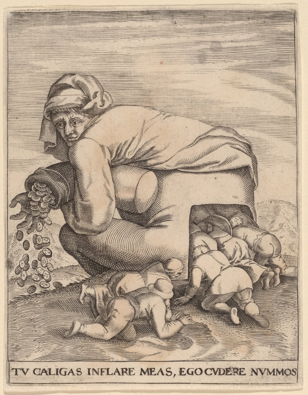 Der Mann mit dem Geldbeutel und seine Schmeichler von Jan Theodor de Bry after Pieter Bruegel the Elder