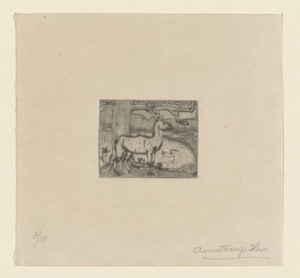 Hirsch bei einem Baum vor einem Teich von Jan Toorop