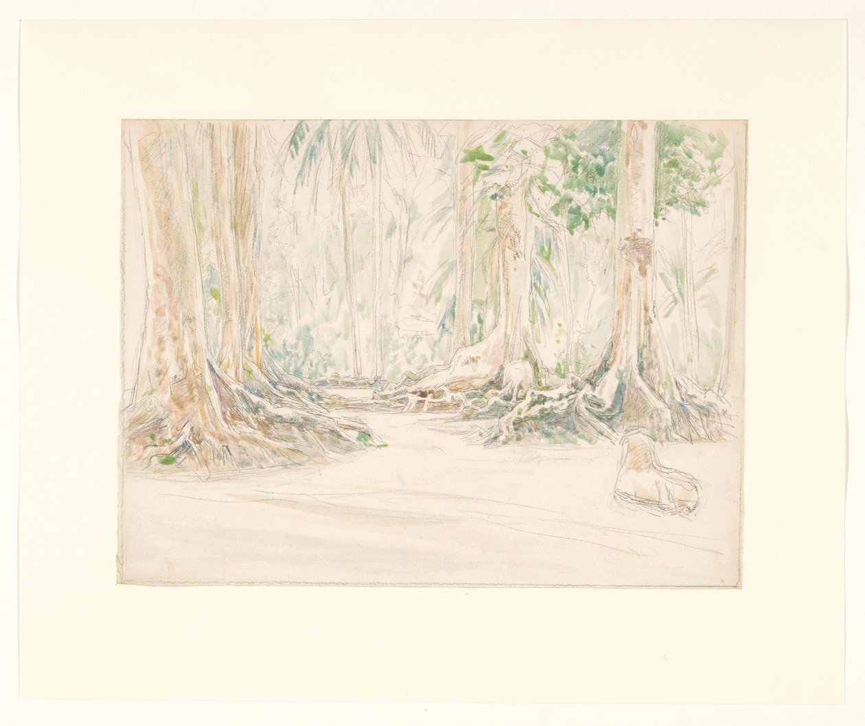 Ansicht zwischen Bäumen in einem Wald in Niederländisch-Indien von Jan Veth