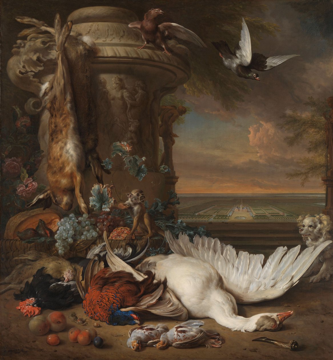 Jagd- und Fruchtstillleben neben einer Gartenvase von Jan Weenix