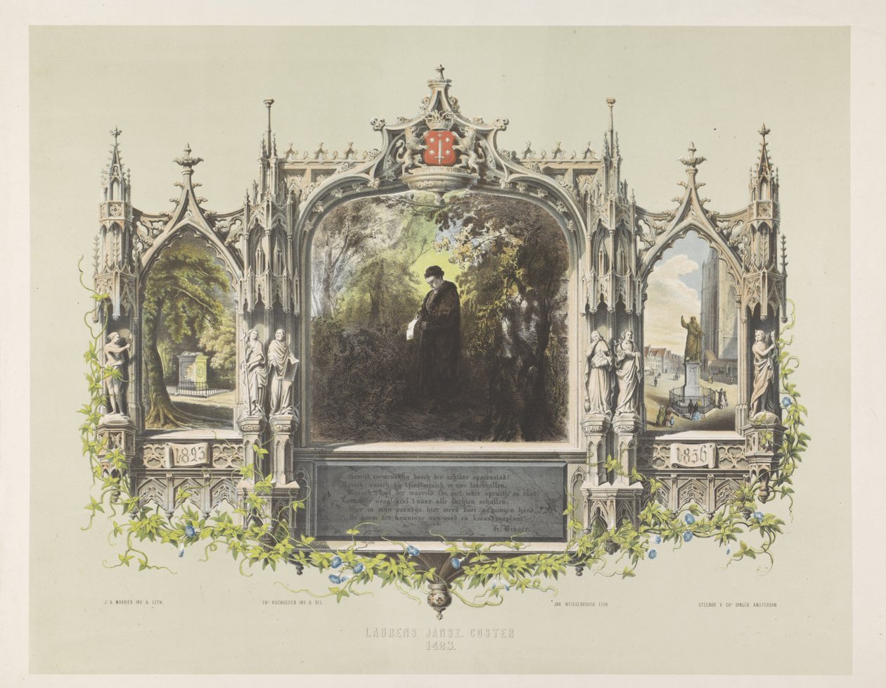 Gedenktafel für Laurens Coster bei den Feierlichkeiten zur Enthüllung der Statue in Haarlem, 1856 von Jan Weissenbruch