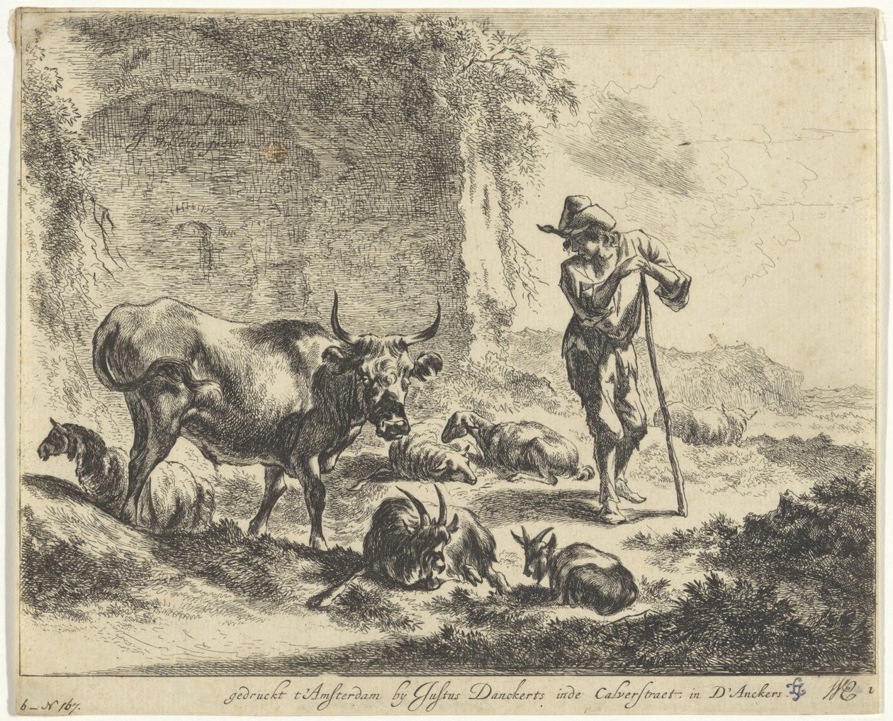 Hirte ruht auf seinem Stab bei einer Ruine von Jan de Visscher