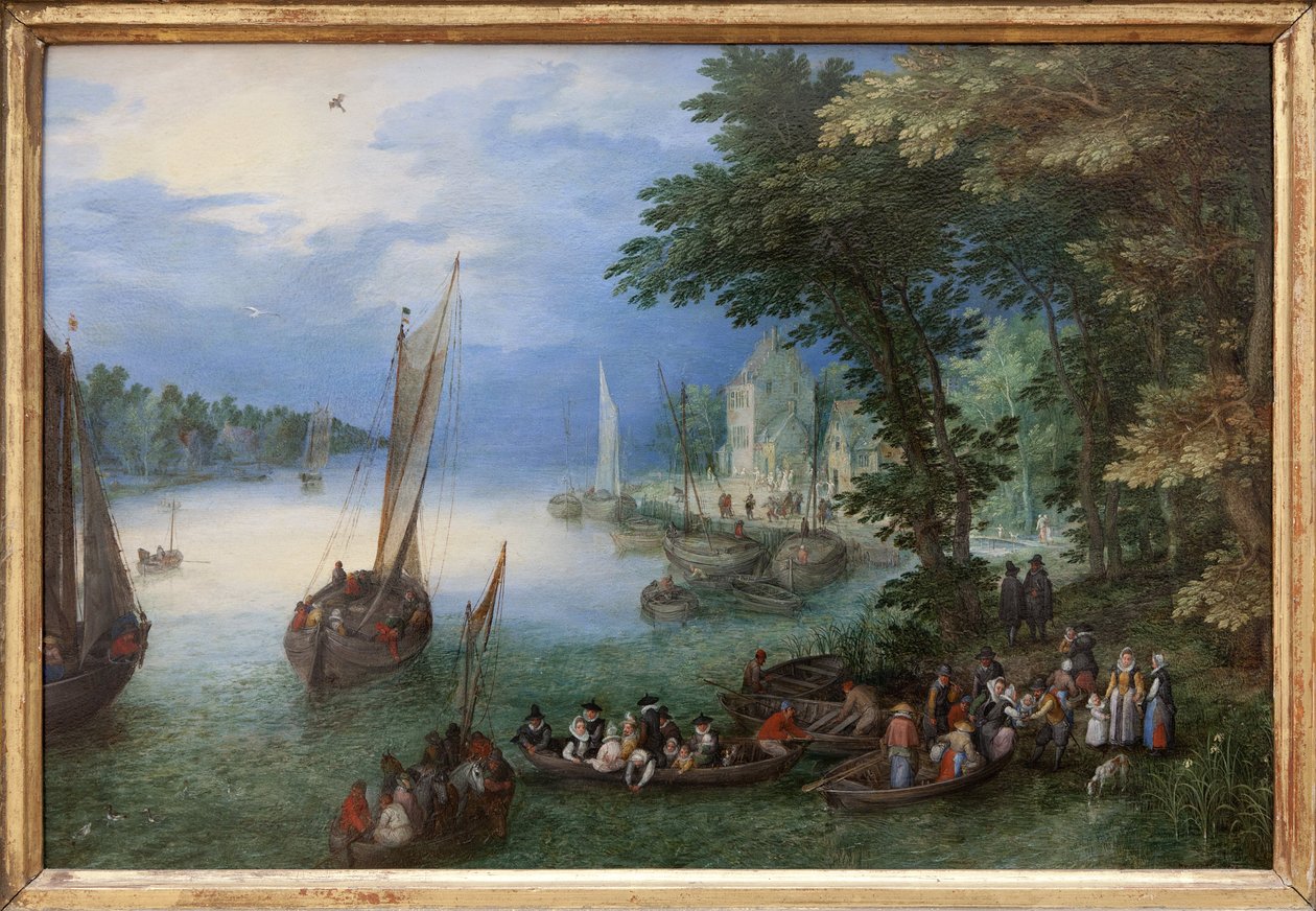 Flusslandschaft oder die Barke. Ölgemälde auf Kupfer von Jan Brueghel, genannt Brueghel de Velours (1568-1625), um 1605. Fotografie, KIM Youngtae, Nantes, Musée des Beaux Arts de Nantes von Jan the Elder Brueghel