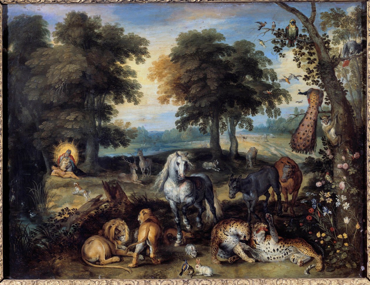 Das irdische Paradies. Verschiedene Tiere leben im Garten Eden zusammen, unten links erschafft Gott Eva aus einer Rippe Adams. von Jan the Elder Brueghel