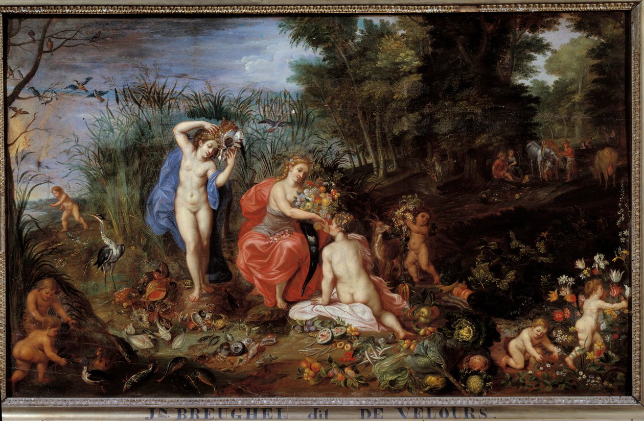 Die vier Elemente Drei Grazien in einer Waldlandschaft, mit Gemüse (Kohl, Kürbisse, Artischocken, Karotten, Paprika), Früchten (Pflaumen, Granatäpfel, Pfirsiche), Fisch, Schalentieren von Jan the Elder Brueghel