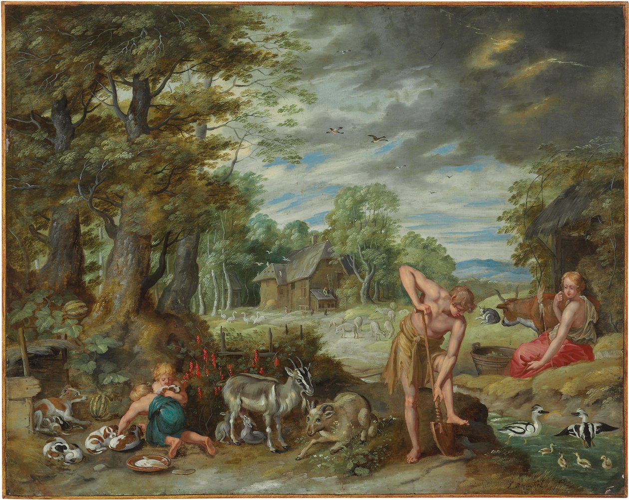 Adam bei der Arbeit auf einem Feld, aus Die Geschichte von Adam und Eva von Jan Brueghel the Younger