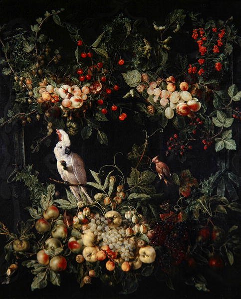Girlanden aus Früchten mit Blumen um ein Kartusche mit einem Gelbhaubenkakadu von Jan van (attr. to) Kessel