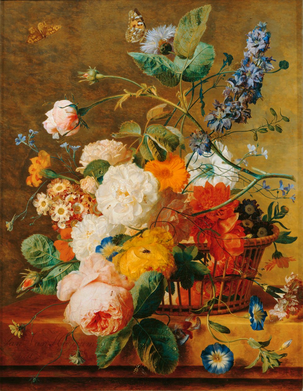 Blumenkorb mit Sockel vor einem Parkhintergrund von Jan van (follower of) Huysum