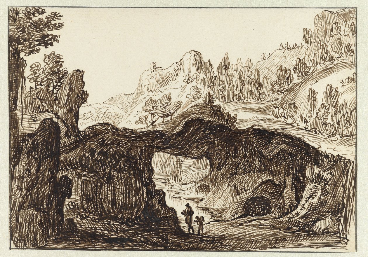 Felsige Berglandschaft mit zwei Reisenden im Vordergrund von Jan van Almeloveen