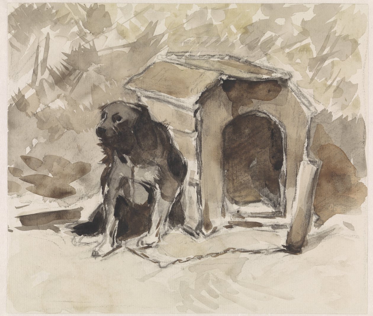 Hund, angeleint sitzend vor seiner Hütte von Jan van Essen