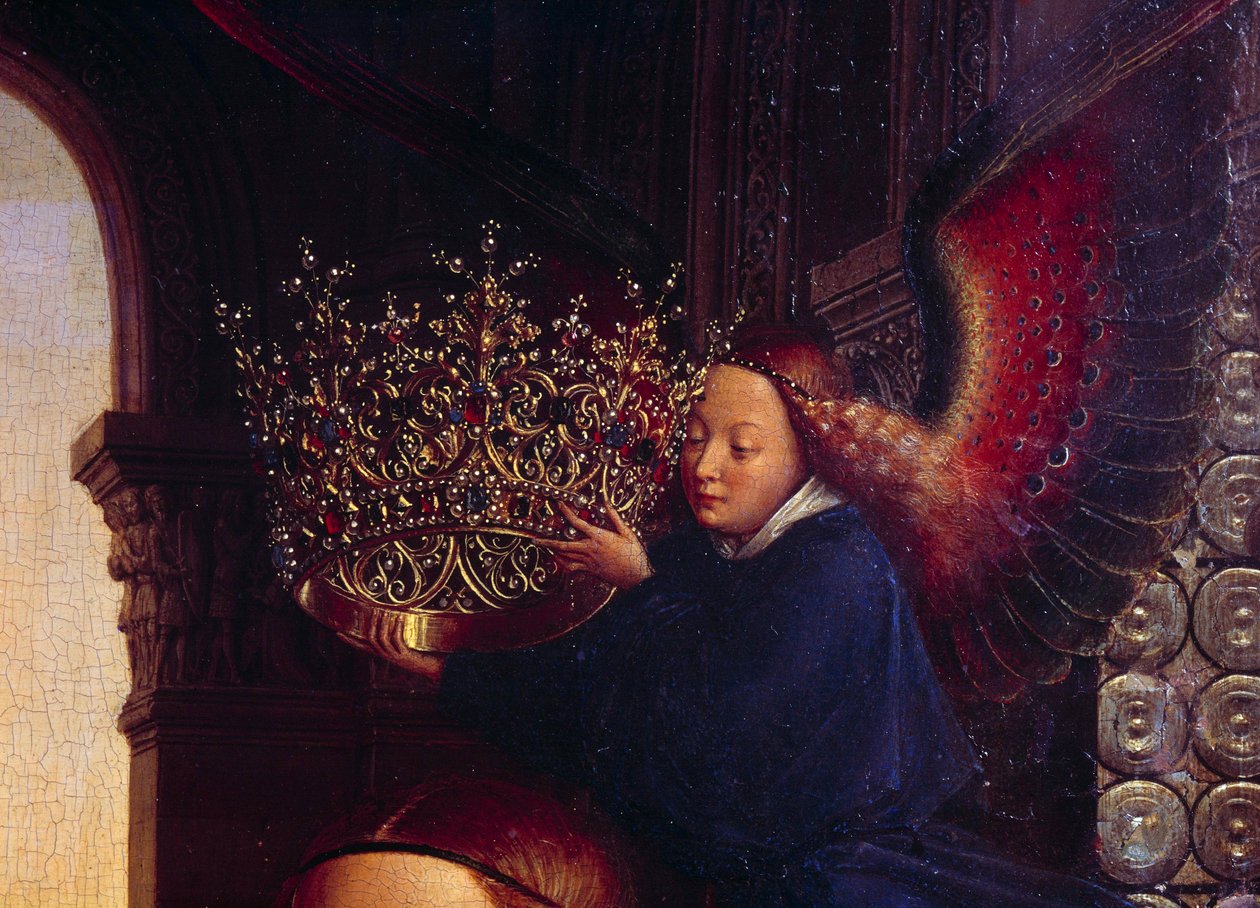 Ein Engel krönt die Jungfrau. Detail von „Die Jungfrau des Kanzlers Rolin“. Nicolas Rolin (1376-1461) war Kanzler von Burgund unter Philippe Le Bon und Gründer der Hospices de Beaune im Jahr 1443. Gemälde von Jan van Eyck (1390-1441) von Jan van Eyck
