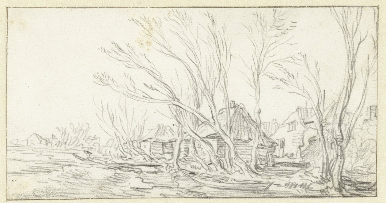 Landschaft mit krummen kahlen Bäumen vor Bauernhöfen von Jan van Goyen