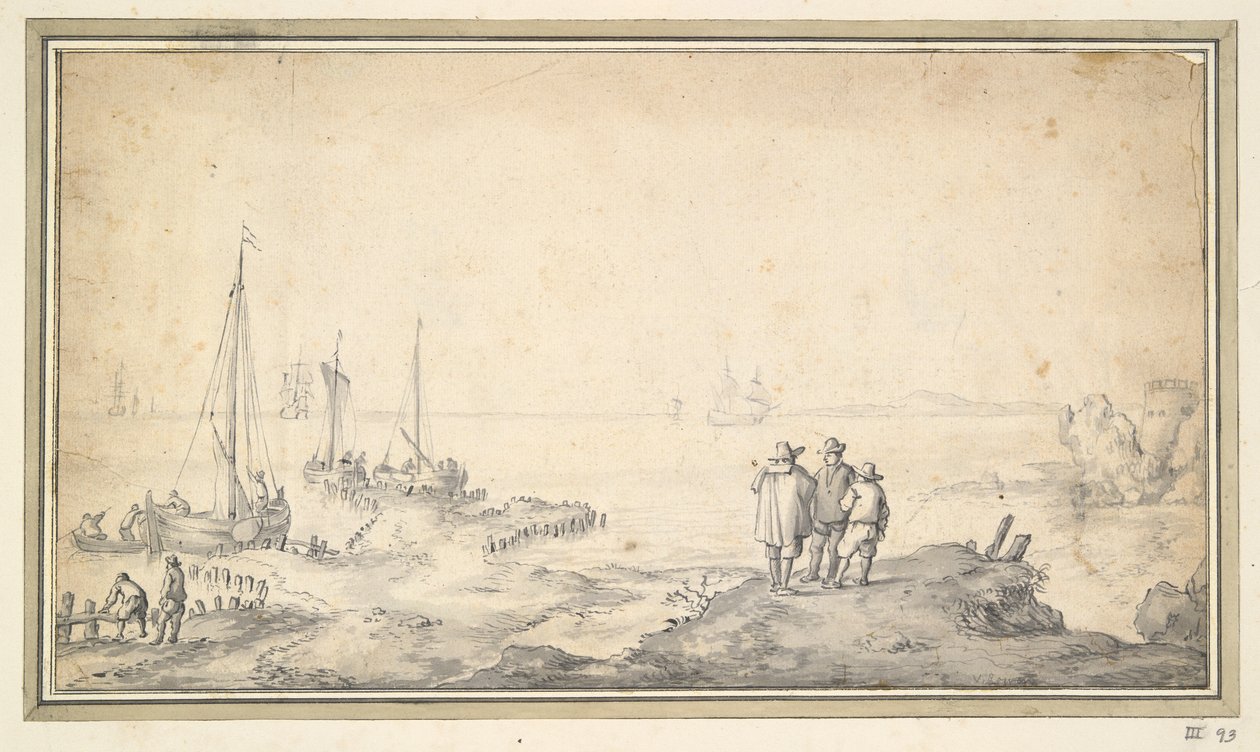 Drei Figuren auf einer Düne mit Blick auf die Bucht mit Schiffen von Jan van Goyen